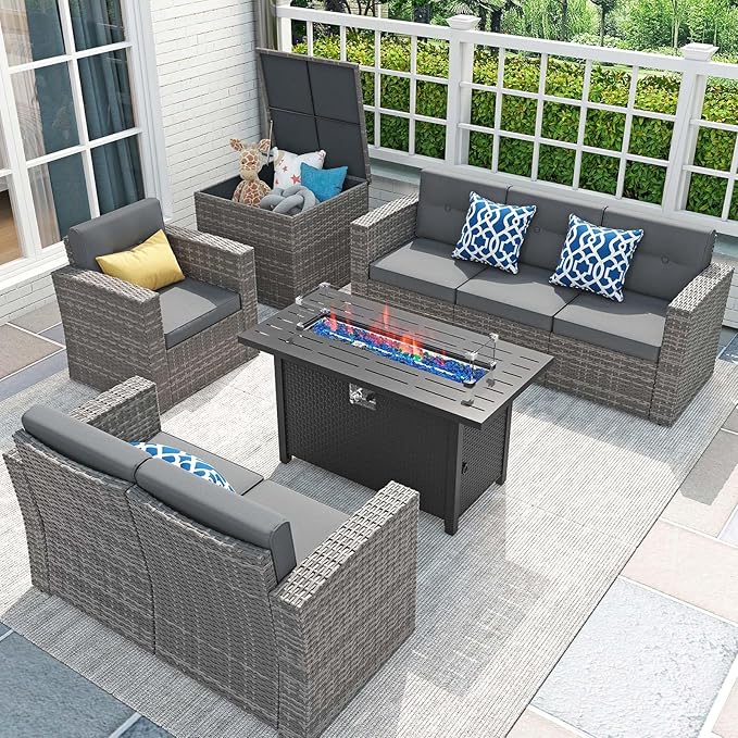 JOIVI 8 Pieces Patio Furniture Set with 45” Fire Pit Table, Outdoor Conversation Set with 50000 BTU Gas Fire Pit, Rattan Sectional Sofa Set with Storage Box for Garden, Backyard, Grey