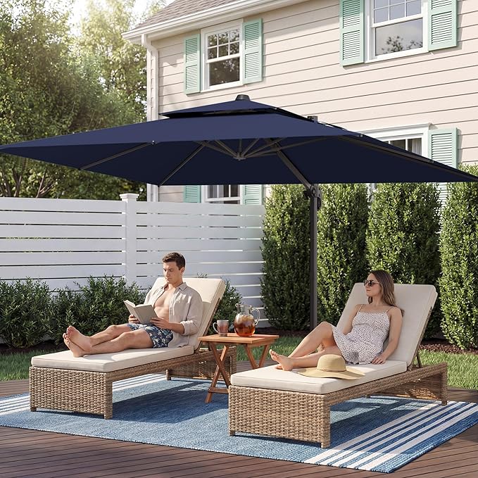 9x12 FT Patio Umbrella with base, Large Cantilever Rectangular Double Top Heavy Duty Offset Umbrellas with 360° Rotation, Outdoor shade for Garden Deck Pool, Navy