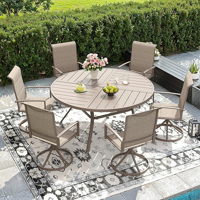 DIFY 7 Piece Outdoor Dining Set, Metal Patio Table and Chairs Set, 50" Round Dining Table & 6 Padded Textilene Swivel Patio Chairs, Outdoor Furniture Set for Garden Backyard Porch, Sandshell