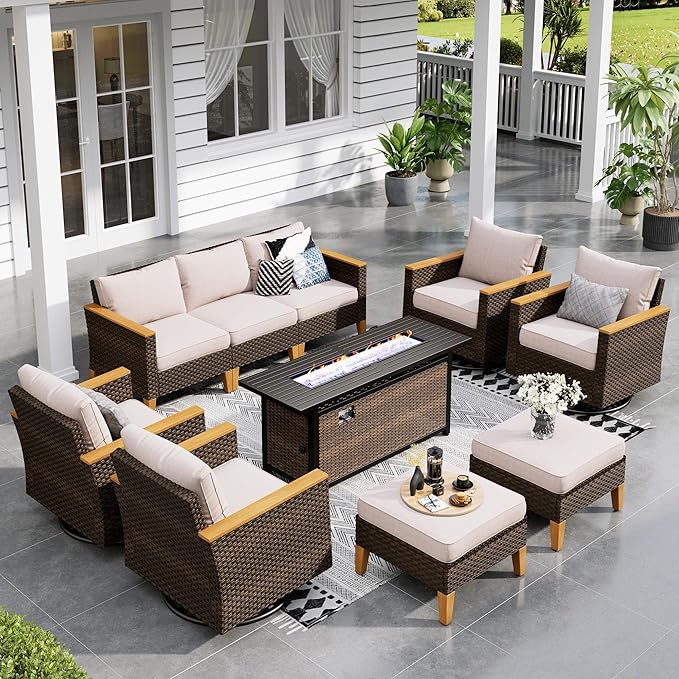 Sophia & William Patio Furniture Set with 56" Fire Pit Table & Swivel Chairs, 10 Piece Outdoor Sectional Furniture Wicker Modular Sofa Couch, Conversation Set for Deck Backyard Lawn, Beige