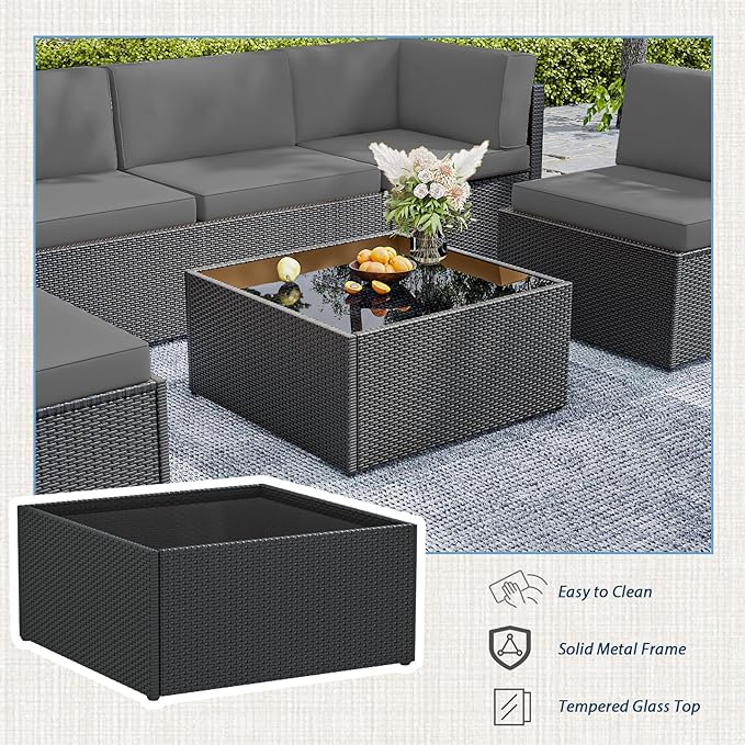 AECOJOY 7 Piece Outdoor Patio Furniture Set, Outdoor Sectional Conversation Furniture Chair with Coffee Table,Patio Sectional for Garden,Backyard(Grey Cushions and Black PE Rattan)