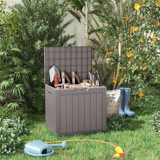 Deck Box Large Outdoor Storage for Patio Furniture,Outdoor Cushions,Garden Tools and Pool Supplies,Waterproof,Resin,Lockable (Grey, 30 Gallon)