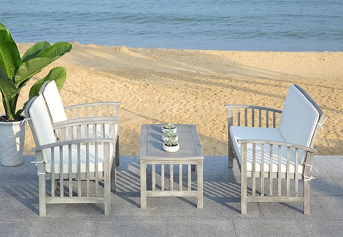 SAFAVIEH Outdoor Collection Rocklin Grey Wash/ Beige 4-Piece Conversation Patio Set with Cushions