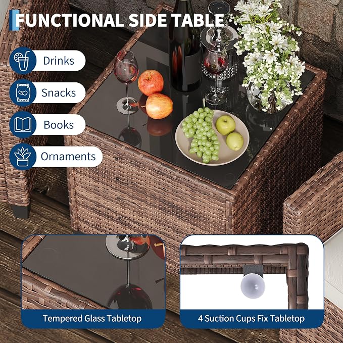 IDEALHOUSE 3-Piece Outdoor Patio Furniture Set, PE Rattan Wicker Conversation Chairs with Tempered Glass Side Table and Removable Cushions, Balcony, Porch & Garden Seating Set, Brown+Beige Cushion