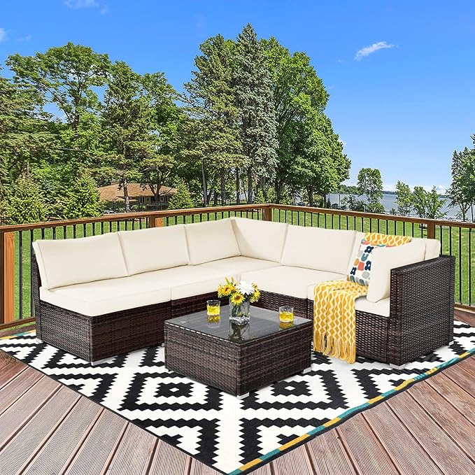 COSTWAY 6-Piece Outdoor Patio Furniture Set, Rattan Sectional Sofa Set with Tempered Glass Coffee Table and Cushions for Garden, Deck, Backyard (White)