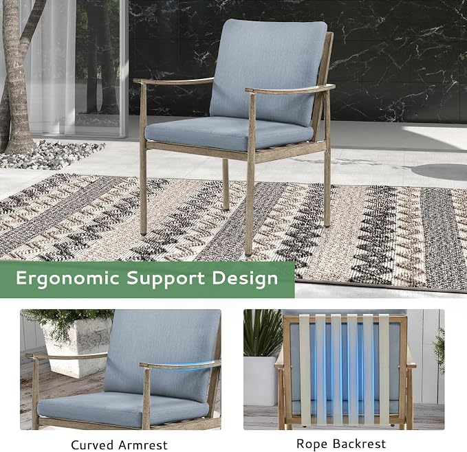 5-Piece Outdoor Dining Set for 4, Aluminum Patio Dining Set with Cushions, 4 Dining Chairs with Rope Backrest, Square Table with Umbrella Hole, Patio Dining Set for Lawn Porch Backyard, Grey