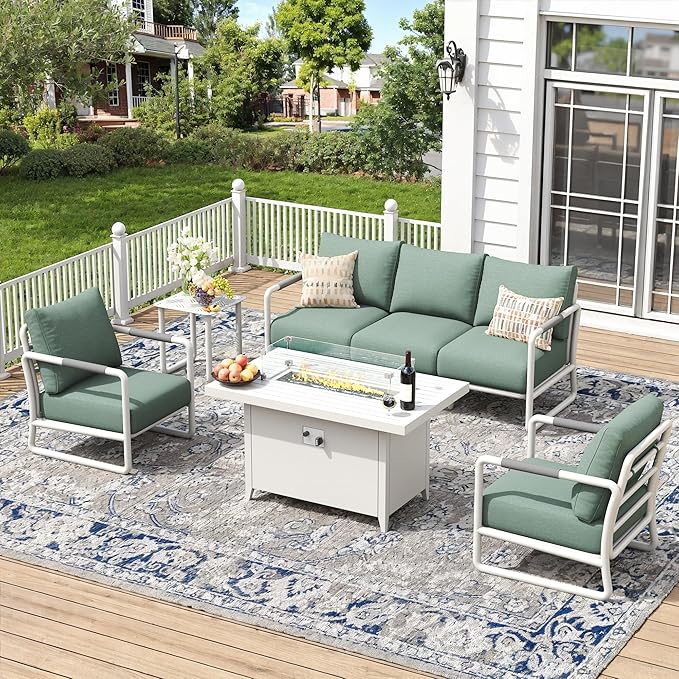 Outdoor Aluminum Patio Furniture Set, 5-Seats Patio Conversation Sofa Set with Oversized Fire Pit Table w/Glass Wind Guard, All Weather for Balcony, Garden-White