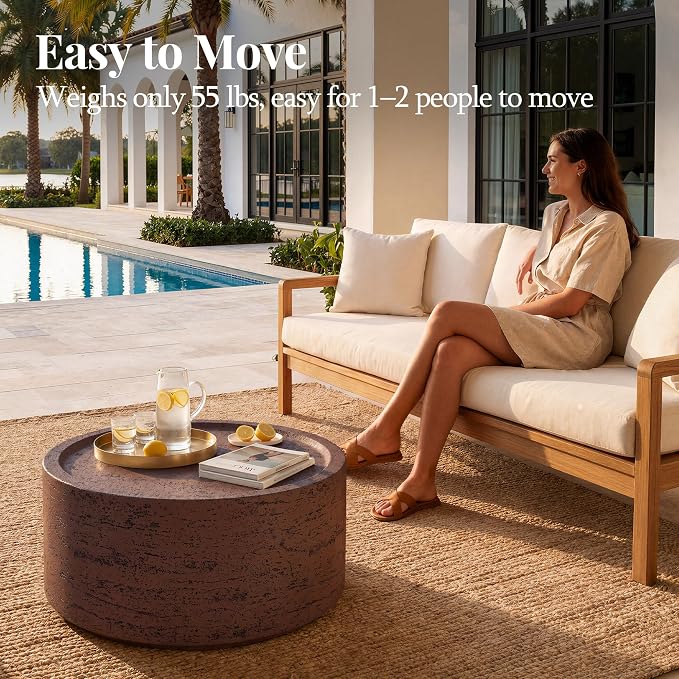 UPHA 28" Round Outdoor Coffee Table, Modern Hollow Concrete Patio Table, Small Minimalist Low Accent Table for Living Room, Balcony, Deck, Backyard, Rust Red