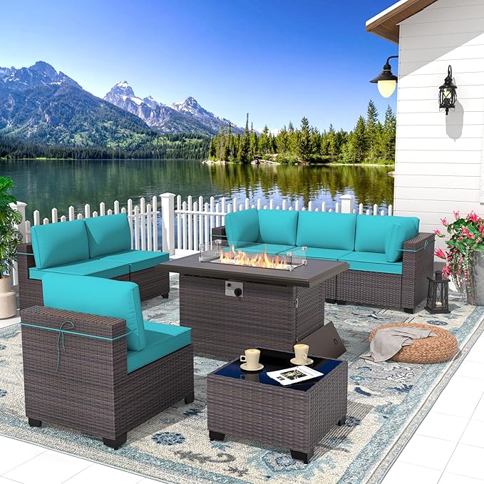 Patio Furniture Set with Fire Pit Table 8 Pieces Outdoor Sectional Sofa Set,PE Rattan Wicker Patio Conversation Set w/43in 55000 BTU Propane Fire Pit Table,Blue