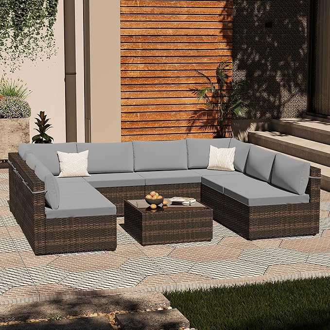 UPHA 9 Pieces Patio Furniture Sets, Wicker Outdoor Sectional Sofa Couch with Coffee Table, Patio Conversation Set for Deck Backyard Garden, Brown Rattan, Light Gray Cushion