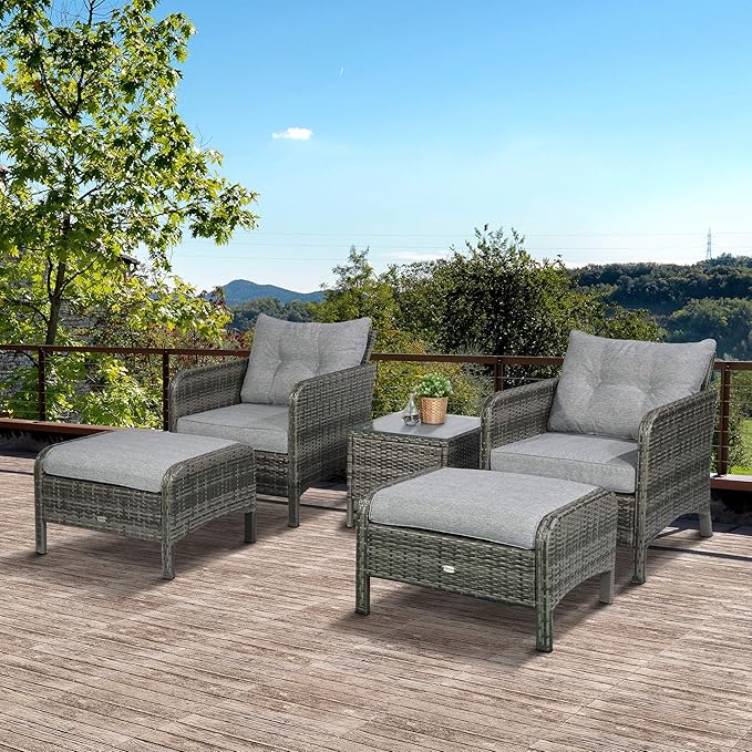 Outsunny 5 Pieces Rattan Wicker Lounge Chair Outdoor Patio Conversation Set with 2 Cushioned Chairs, 2 Ottomans and Tempered Glass Top Coffee Table, Gray/Light Gray