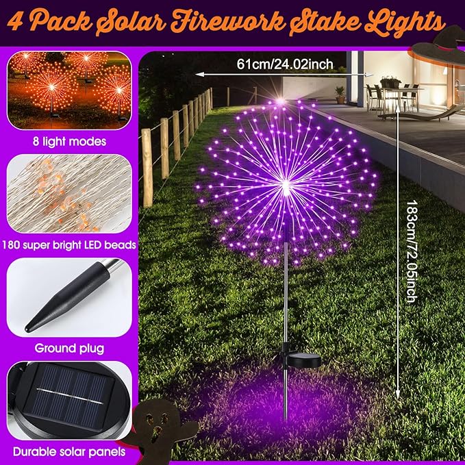 Tujoe 4 Pcs Halloween Solar Lights Solar Firework Lights 180 LED 8 Modes Outdoor Waterproof LED Stake Sparkler Christmas Decoration for Driveway Pathway Garden Patio Walkway Yard Lawn(Orange, Purple)
