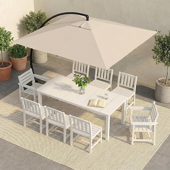 HDPE Outdoor Dining Set for 8, 9-Piece Outdoor Dining Table Set with 11FT Cantilever Umbrella, Patio Table and Chairs Set with Aluminum Frame & Legs (White)