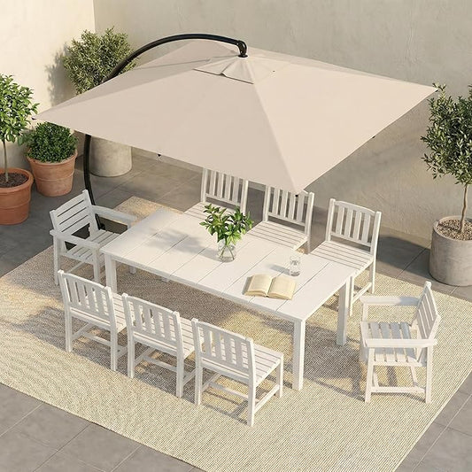 HDPE Outdoor Dining Set for 8, 9-Piece Outdoor Dining Table Set with 11FT Cantilever Umbrella, Patio Table and Chairs Set with Aluminum Frame & Legs (White)