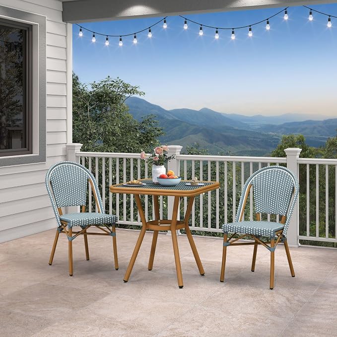 PURPLE LEAF 3-Piece French Bistro Dining Set Square Outdoor Patio Table and 2 Armless Chairs Tempered Glass Top PE Rattan Bamboo Print Finish Aluminum Frame Light Blue