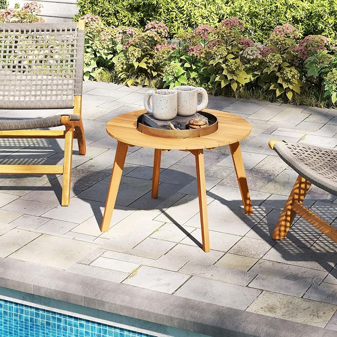 HAPPYGRILL Acacia Wood Patio Bistro Side Table, Outdoor Round End Table with Slatted Tabletop, for Backyard Poolside Garden, 24.5 Inch (1)