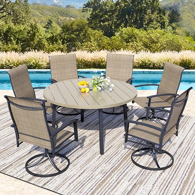 7 Piece Outdoor Patio Dining Set for 6, 47" Honey Oak Round Metal Table with 6 Mocha Swivel Chairs, All-Weather Outdoor Furniture Set for Backyard, Lawn, Deck, or Poolside