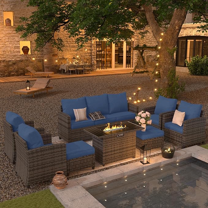 UDPATIO Outdoor Patio Furniture Set with 44" Fire Pit Table, 8 Pieces Sectional Conversation Sets, All-Weather Wicker Rattan Sofa Ottoman with 4" Thick Cushion for Garden Backyard Deck, Navy Blue