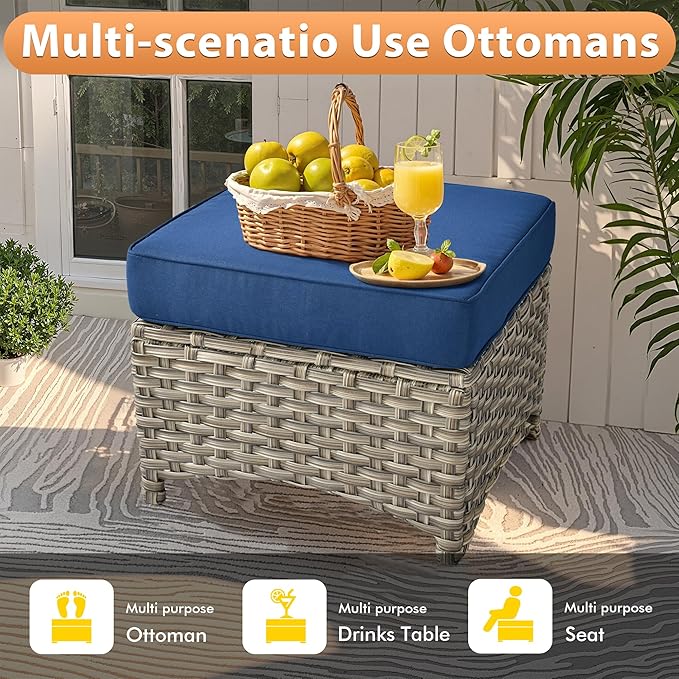 Outdoor Patio Furniture Sets, 8 PCS Patio Conversation Set Outside Rattan Sofa with 54 in Fire Pit Table Comfy Cushions Fit Backyard Porch Garden Poolside Balcony,Navy Blue