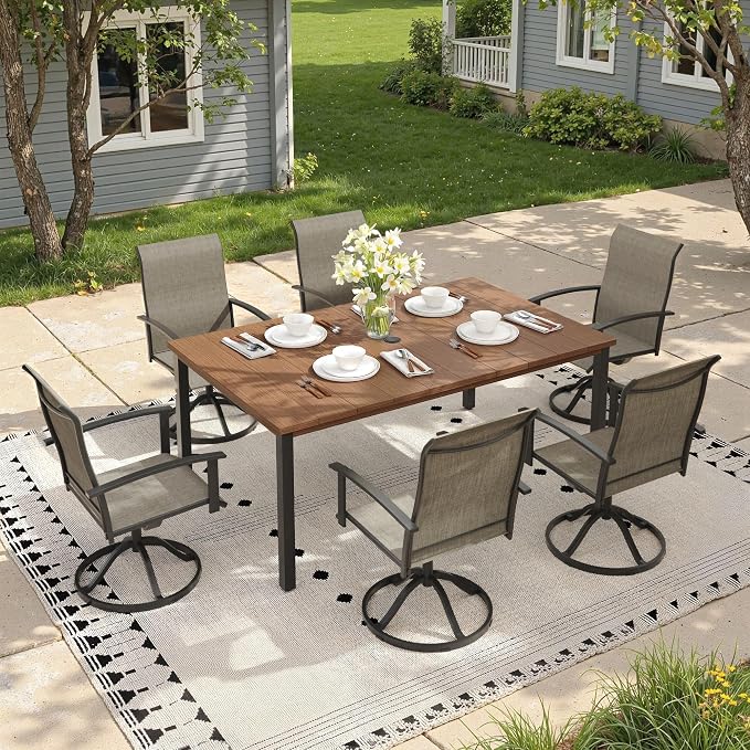 7 Pieces Patio Dining Set, Outdoor Furniture of 63" Rectangular Patio Table and Patio Swivel Chairs for Backyard Lawn Garden, Walnut Table and Mixed Brown Chairs