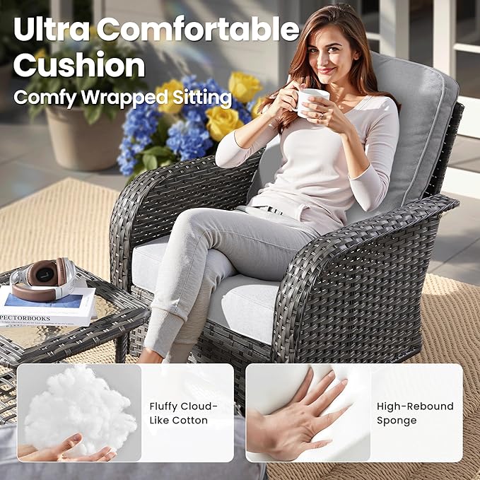 ovios 3-Piece Patio Furniture Set, Outdoor Wicker Sofa with Swivel Chairs, High Back Rattan Gliders Rocker with Comfy Cushions for Porch Yard Deck, Grey
