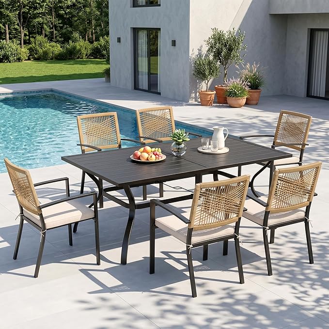 Sophia & William 7pc Patio Dining Set, 60" Rectangular Table, Wicker Chairs | Outdoor Dining Set for 6, Rectangular Patio Dining Table Set with Patio Wicker Chairs for Garden, Porch, Deck
