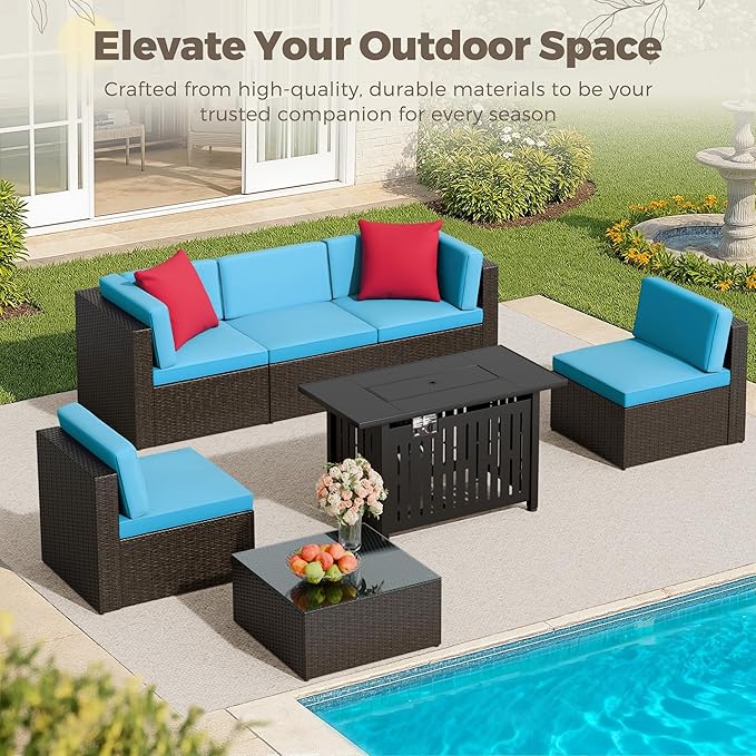 Flamaker 7 Pieces Patio Furniture Set with Fire Pit Table Outdoor Sectional Patio Sofa Furniture Set with Gas Fire Pit and Coffee Table & Ottoman Cushion Pillows, Blue