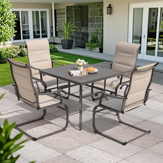 NUU GARDEN 5-Piece Outdoor Patio Dining Set - 4 Textilene Dining Chairs & 37" Table with Umbrella Hole, Weather-Resistant Furniture for Yard Porch Poolside Garden, Beige
