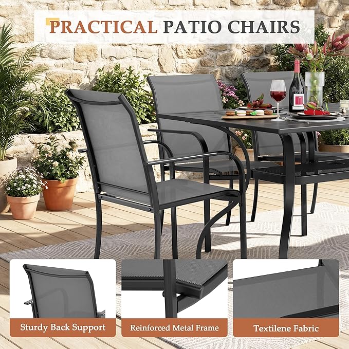 7-Piece Patio Dining Set,6 Person Outdoor Table and Chairs Set, 6 Metal Dining Chairs and Rectangular Outdoor Table with 1.57" Umbrella Hole,Grey