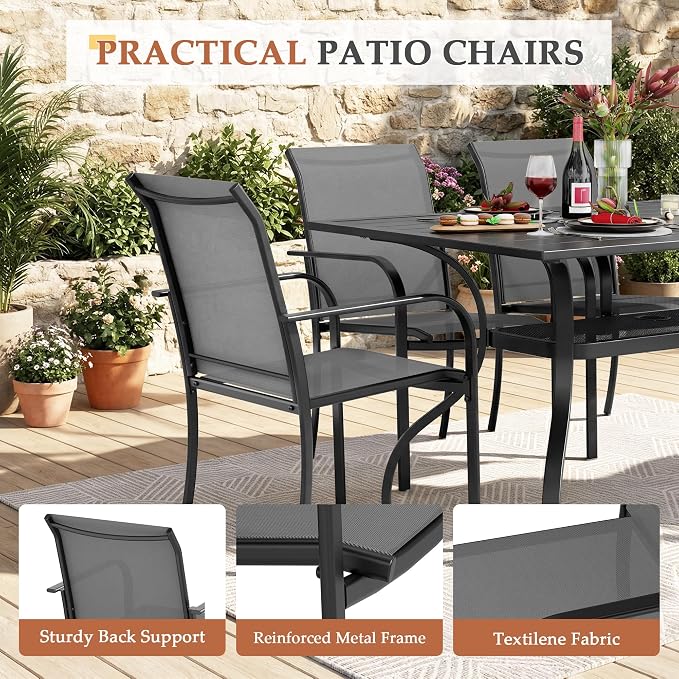 Incbruce 7 Pieces Outdoor Dining Set, Patio Metal Dining Set of 6 Textilene Chairs and Rectangle Table with Umbrella Hole for Lawn, Garden, Porch and Backyard (Grey)