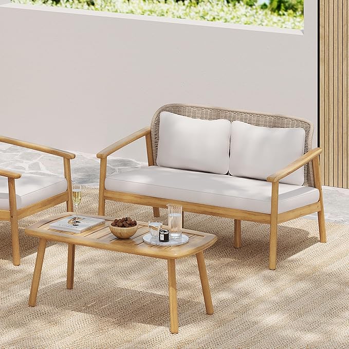 Merax 2 Piece Outdoor Conversation Set with Acacia Wood Coffee Table and Loveseat, Woven Rope Backrest Patio Seating Group, Patio Furniture Set for Porch, Garden, Backyard, Balcony, Light Teak Finish