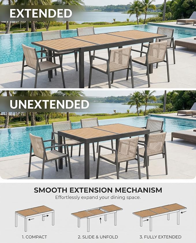 ZANDOR Expandable Patio Dining Table for 4-8 People, Aluminum Outdoor Square Table(55"-82.7") with Safety Lock,Adjustable Height-Wood Grain for Backyard,Garden,Porch, Yard,Poolside,Grey