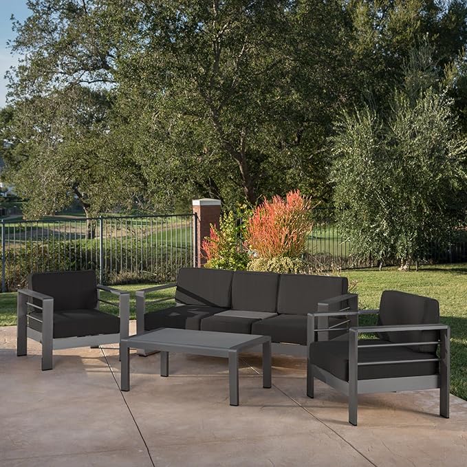 Christopher Knight Home Cape Coral Outdoor Grey Aluminum 4 Piece Sofa Conversation Set with Water Resistant Cushions