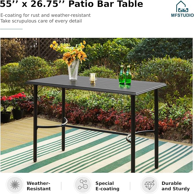 MFSTUDIO 36.2” Patio Counter Height Bar Table, with Rectangular Heavy Duty Metal Table Top for 4, All Weather Resistant Outdoor Table, Black