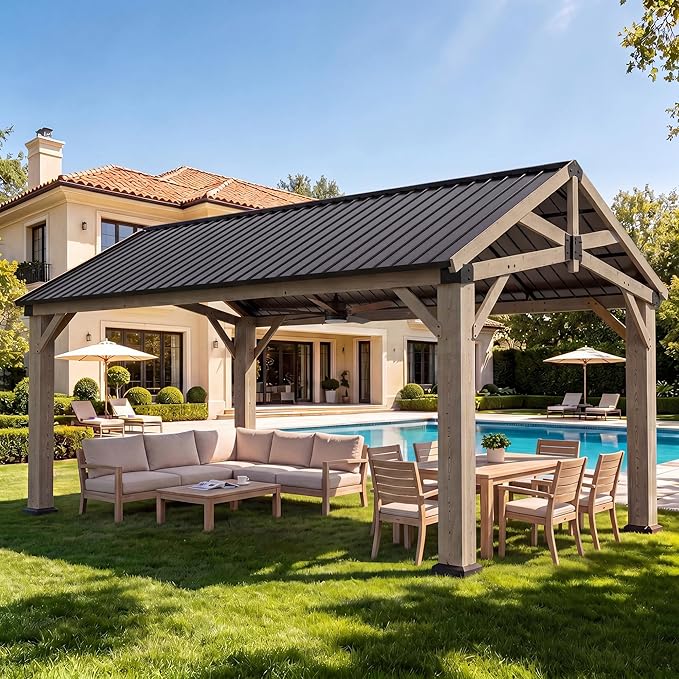 Aoxun 12' x 16' Outdoor Wood Gazebo, Permanent Cedar Wooden Pavilion with Galvanized Steel Hardtop Gable Roof, Heavy Duty Patio Gazebo for Garden, Backyard, Deck, Lawn and Outdoor Living Space