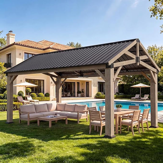 Aoxun 12' x 16' Outdoor Wood Gazebo, Permanent Cedar Wooden Pavilion with Galvanized Steel Hardtop Gable Roof, Heavy Duty Patio Gazebo for Garden, Backyard, Deck, Lawn and Outdoor Living Space