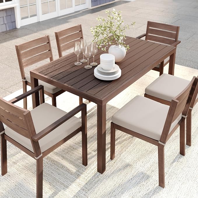 Martha Stewart Bedford 62" Indoor-Outdoor Aluminum Patio Table with Umbrella Hole and Brushed Woodgrain Finish in Brown