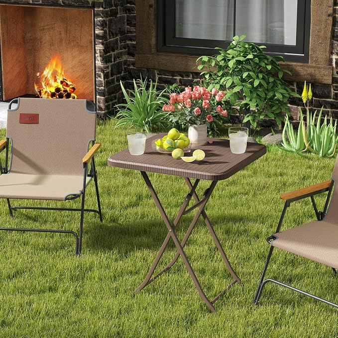 Tangkula 23.5" Square Folding Table, Indoor Outdoor Foldable Plastic Table with Rattan Textured HDPE Tabletop, Sturdy Metal Fame, Carrying Handle, 4 Person Picnic Table for Camping BBQ Party