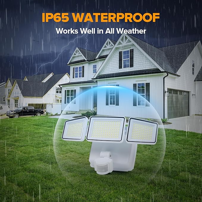 UME Battery Powered Motion Sensor Outdoor Lights 302 LED 1800LM, IP65 Waterproof Battery Operated Flood Lights Outdoor, 3 Heads Security Motion Light with 3 Modes for Garden Patio Yard (White)