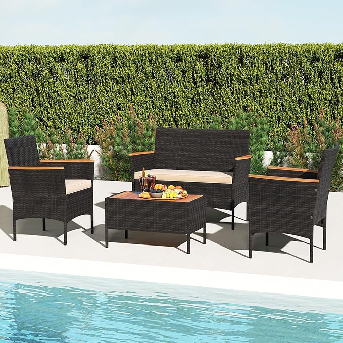 Tangkula 4 Pieces Patio Wicker Sofa Set, 2 Rattan Chairs & Loveseat w/Coffee Table, Acacia Wood Armrests & Tabletop, Outdoor Cushioned Conversation Set for Backyard, Poolside (1)