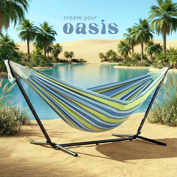 Vivere Double Cotton Hammock with Space Saving Steel Stand, Upgraded Polyester End Strings 450 lb Capacity - Premium Carry Bag Included (Oasis)
