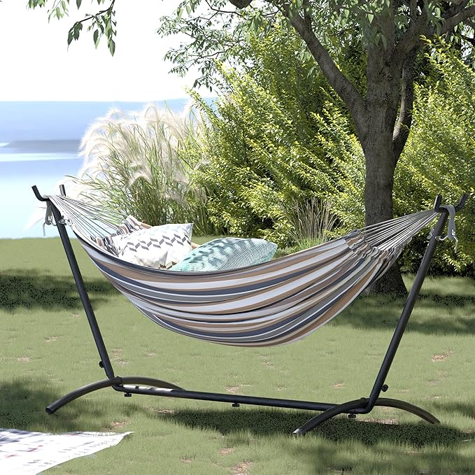 Mondeer Hammock with Stand, Double Fabric Camping Hammock with Metal Frame Carrying Bag up to 200kg for Camping Travel Patio Outdoor Garden, Yellow brown
