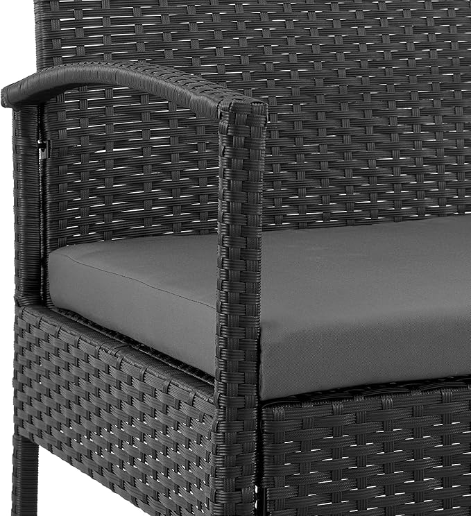 Manhattan Comfort Noli 3-Piece Patio Conversation Set, Outdoor Furniture Made of Steel Rattan | Includes 2 Modern Armchairs, Tempered Glass End Table, Removable Waterproof Cushions, Grey