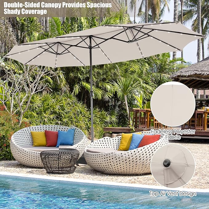 Giantex Large Outdoor Umbrella Double-Sided, 48 Solar Lights, Auto-Charging Solar Panel, Extra Large Patio Umbrella with Base and Crank, Outdoor Market Umbrellas for Poolside Garden
