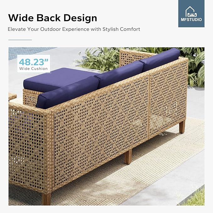 MFSTUDIO Wicker Patio Furniture Set, Rattan Outdoor Couch Sectional Sofa, 5 Pieces Patio Conversation Set with Acacia Wood Coffee Table, Outdoor Rattan Furniture Set for Garden or Balcony, Navy Blue
