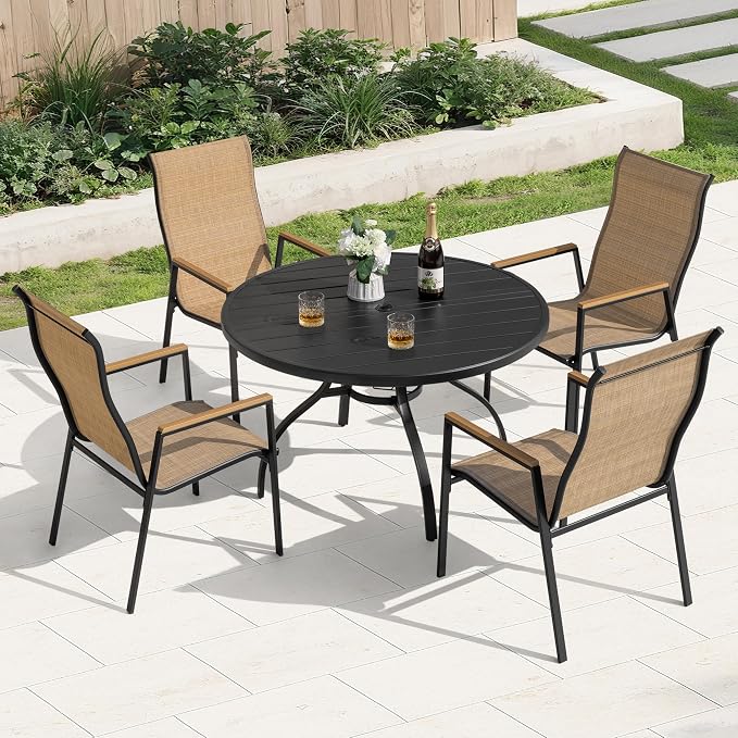 NUU GARDEN 5-Piece Patio Dining Set with Umbrella Hole, Stackable Textilene Chairs with High Back and Faux Wood Armrests, All-Weather Outdoor Dining Set Patio Furniture Set, Black and Khaki