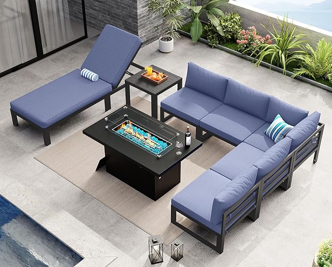 NICESOUL 8 Piece Large Modern Aluminum Patio Furniture Set, Water & Fade Resistant Modular Outdoor Conversation Set with Chaise, 500 lbs Heavy Duty Comfortable Sectional Sofa for Poolside, Denim Blue