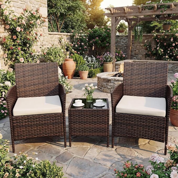 3-Piece Patio Furniture Set,Outdoor Patio Conversation Set with 2 PE Rattan Armchairs, Weather-Resistant Cushions & Tempered Glass Table,All-Weather Bistro Set for Garden, Backyard（Brown/Beige）
