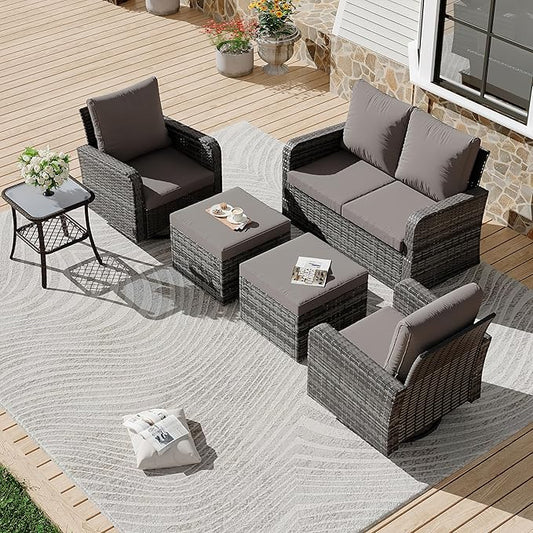 HOMREST 6 Piece Patio Conversation Sets with Loveseat, Rattan Wicker Swivel Chairs with 2 Ottoman, Coffee Table & Cushions, Outdoor Furniture Sets for Garden, Poolside, Backyard (Grey)