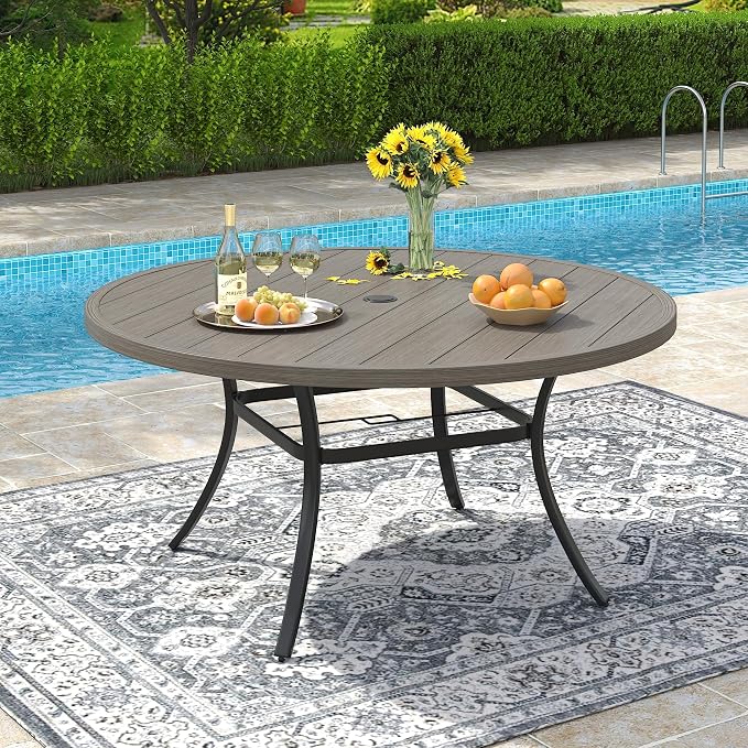 VICLLAX 50" Outdoor Round Patio Dining Table for 4-6, All Weather Metal Dining Table with Umbrella Hole for Deck Lawn Garden Backyard, Grey